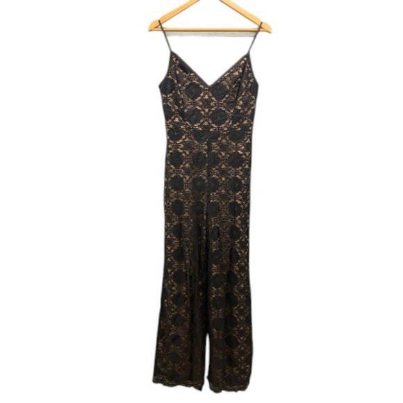 Mahina Lace Wide Leg‎ Jumpsuit Womens L Black Nude Lined Floral Spaghetti Strap - Picture 1 of 12